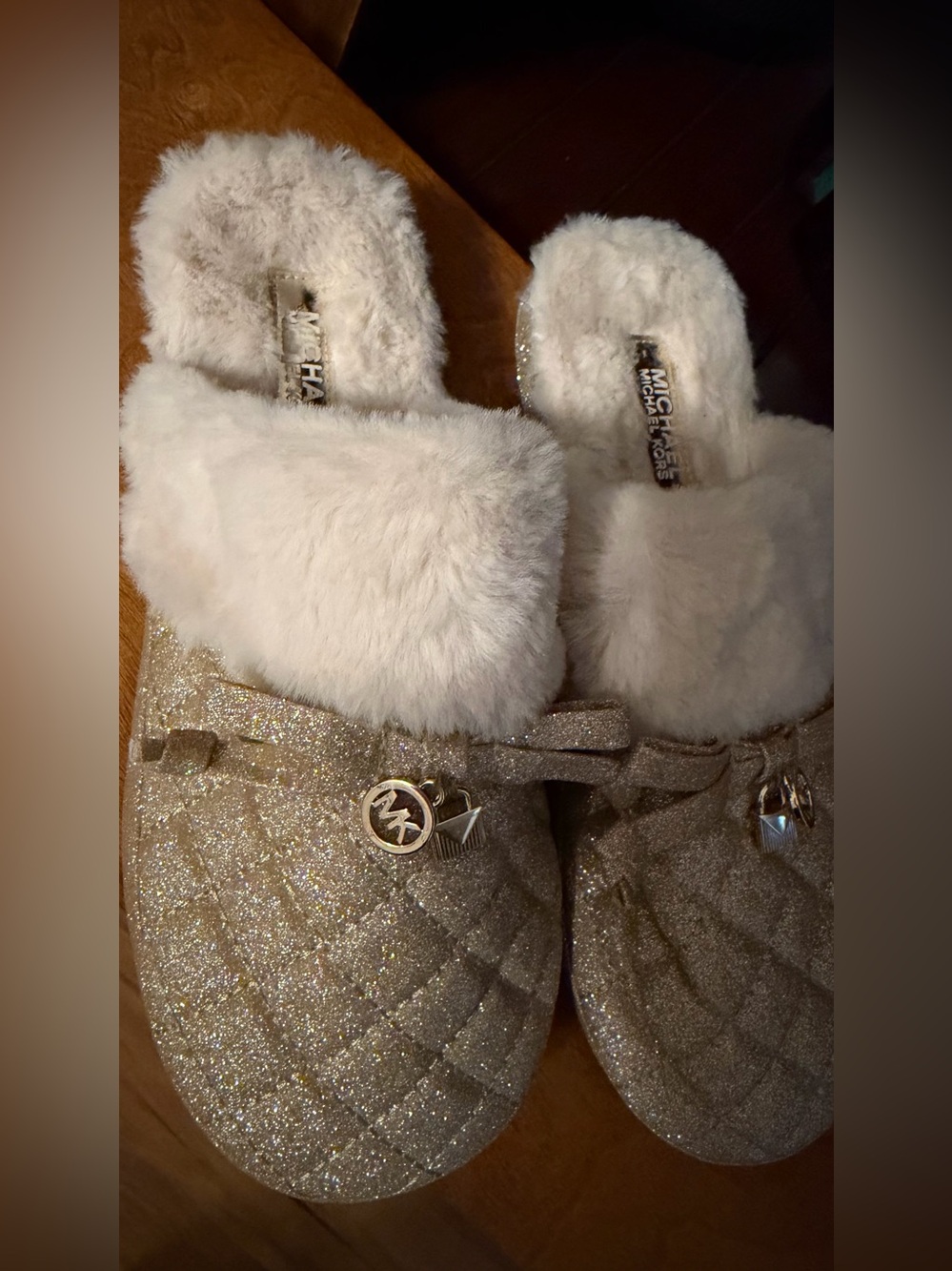 Michael Kors Gold Glitter Quilted Faux Fur Lined Slippers